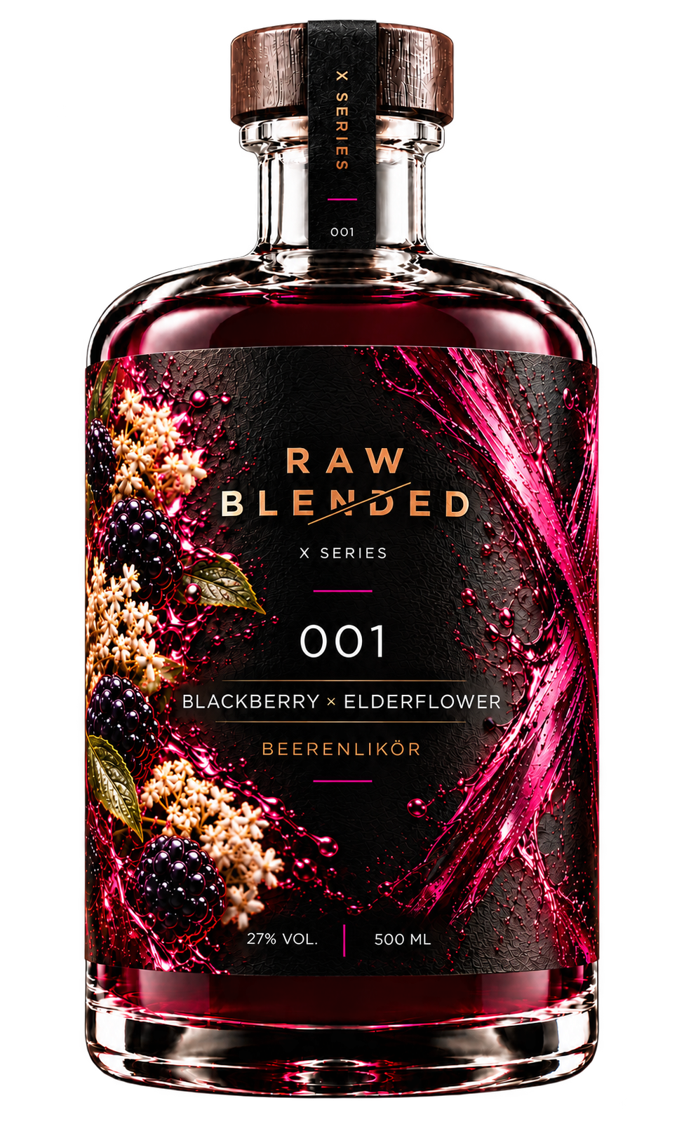 RAW BLENDED X SERIES / 001 – Blackberry × Elderflower, Flaschen-Mockup