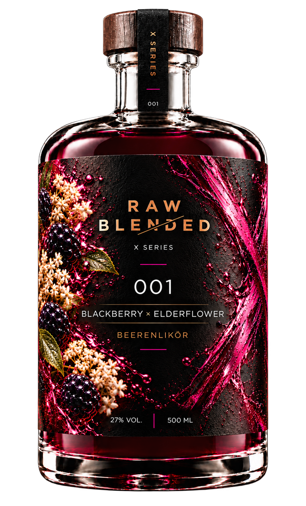 RAW BLENDED X SERIES / 001 – Blackberry × Elderflower, Flaschen-Mockup